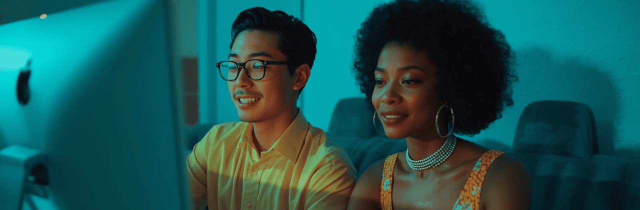 Joyful professional couple celebrating business success after More Leverage OS™ AI visibility transformation.