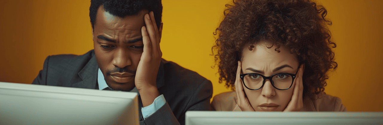 Frustrated duo professional coach analyzing failed metrics, representing pre-Leverage OS™ struggles with visibility and leads.