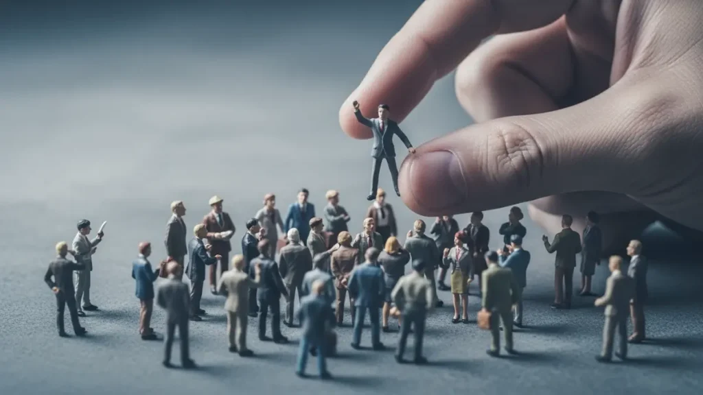 Magnifying glass held over miniature figures for closer inspection.