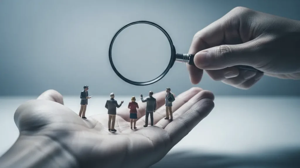 Magnifying glass focusing on a small group of professionals.