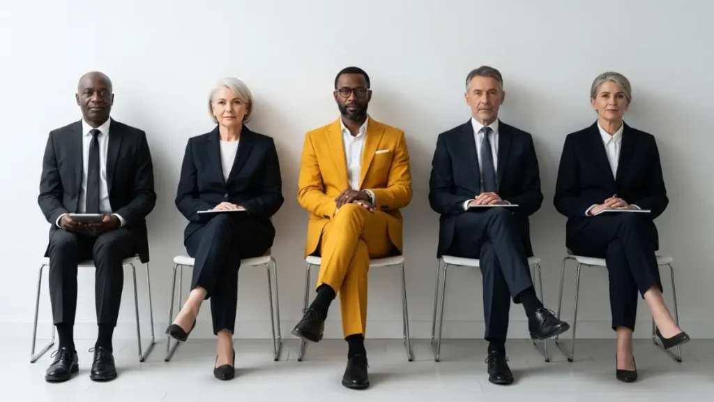 Five business people sitting with question marks covering their faces, indicating the concept of uncertainty or unanswered questions in business strategies