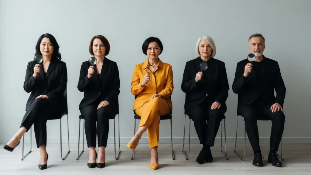 A team of professionals holding magnifying glasses, symbolizing the detailed scrutiny of business strategies or AI-driven analysis.