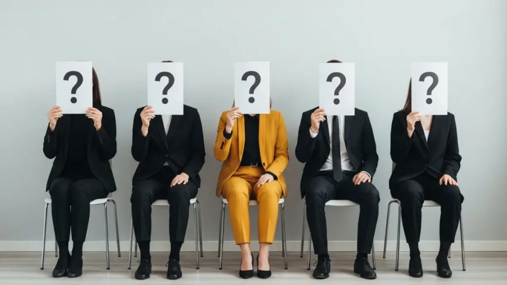 A diverse group of business professionals sitting in a row, each dressed in formal attire, symbolizing leadership and expertise in the corporate world.