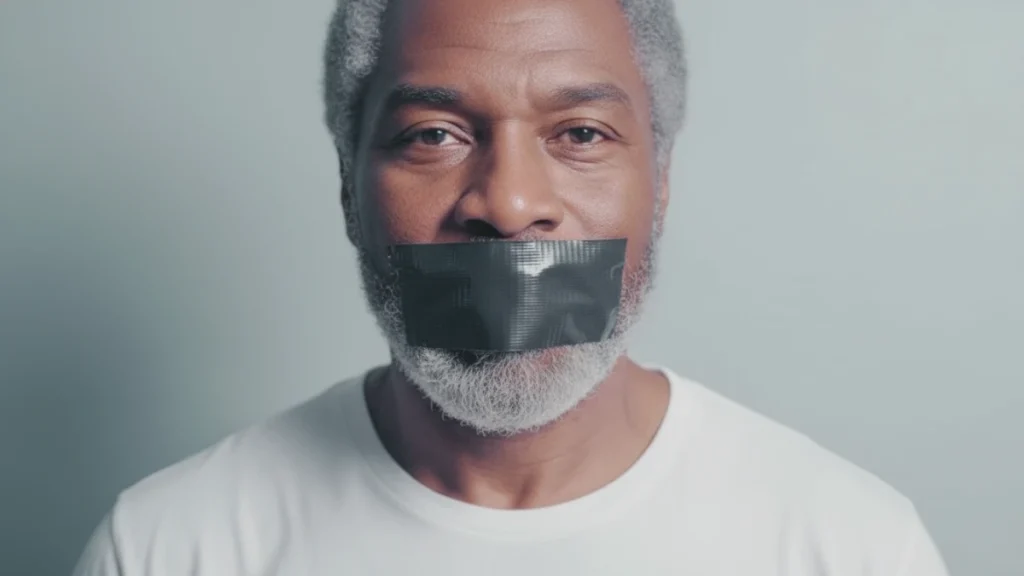 An older man with duct tape over his mouth, symbolizing the silencing of voices and ideas in business or industries