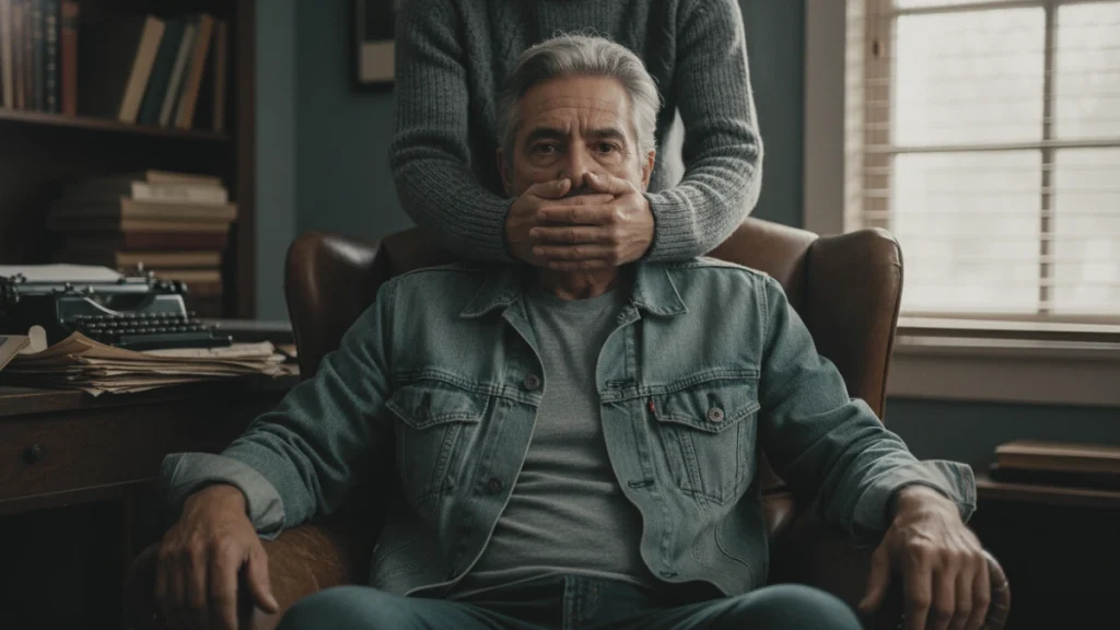 A professional man sitting in a chair with someone holding his mouth shut, representing the struggle of being unable to speak out or be heard in the industry.