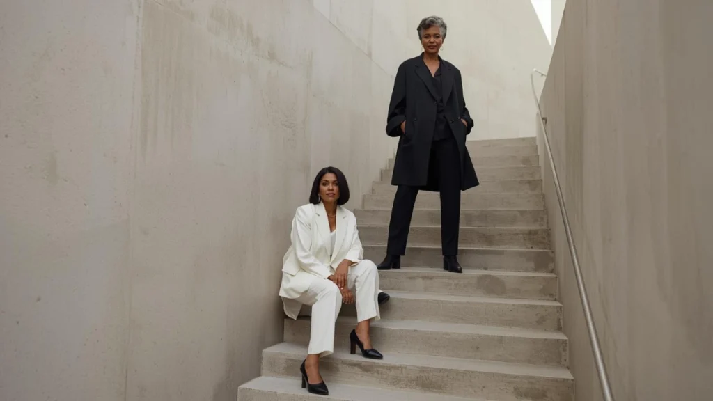 Two professionals walking upward on concrete steps in contrasting black and white outfits, representing how buyer journeys are no longer linear and have shifted beyond simple search paths.