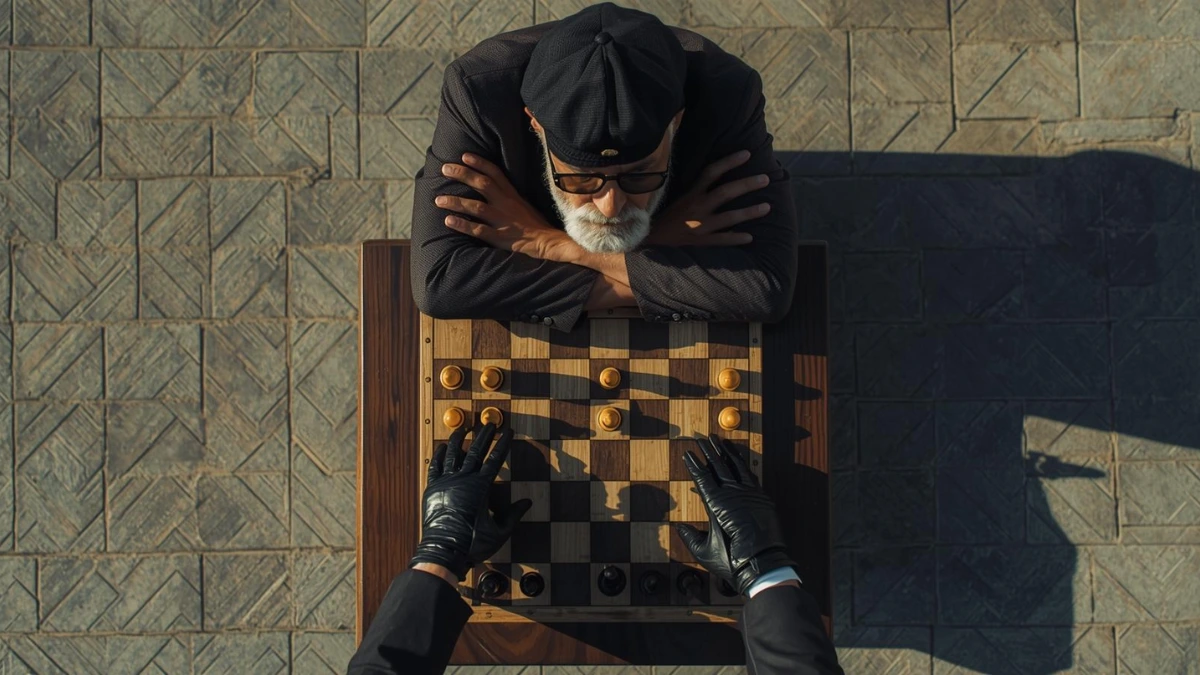 Strategic decision-making represented by a woman carefully analyzing a chessboard before making a move