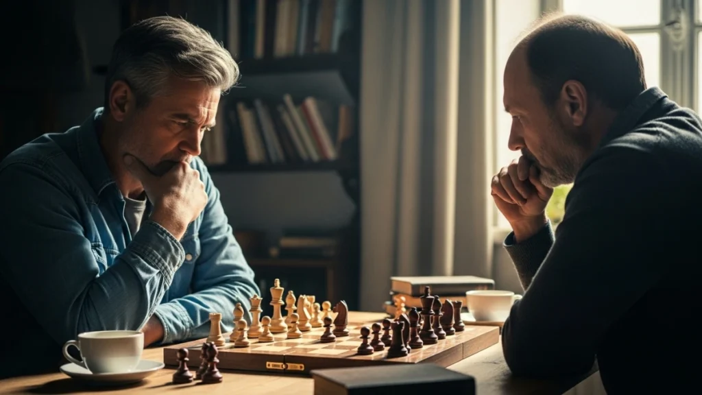 Two professionals thoughtfully evaluating each other’s moves during a chess match, symbolizing strategic trust and competition