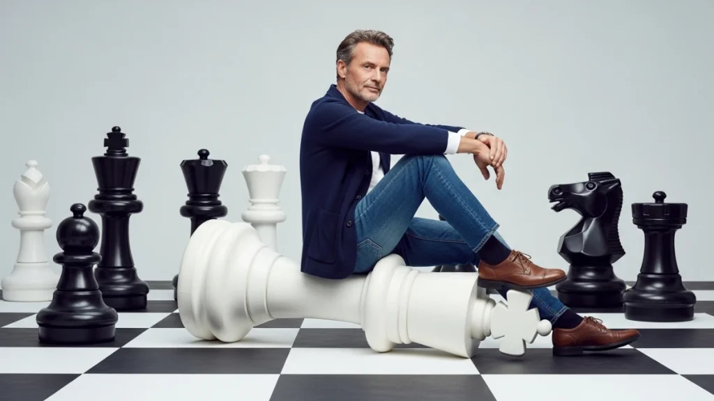 Confident professional seated on a fallen chess king, representing authority earned through trust rather than rankings