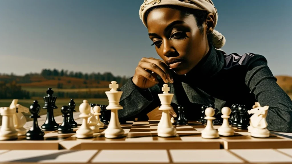 Top-down view of a chess game showing deliberate moves and calculated risk between two opposing players