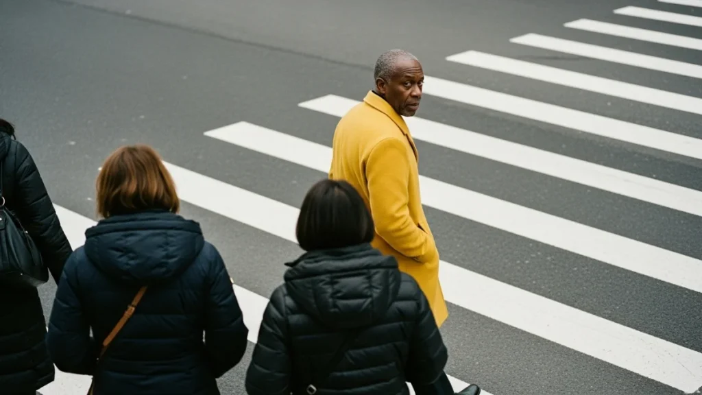 An individual in a bright yellow coat confidently crossing a city crosswalk while others follow behind, symbolizing AI leading buyer direction and shaping first impressions.