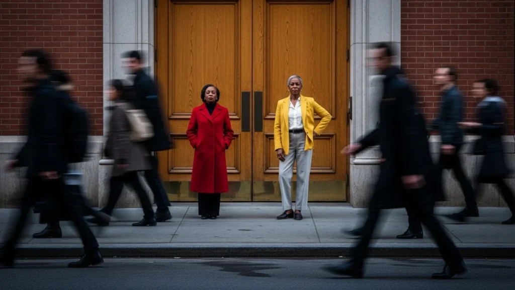 Two professionals stand still in front of a building entrance as a crowd moves quickly around them, representing buyers pausing to evaluate options while automated systems operate at speed.