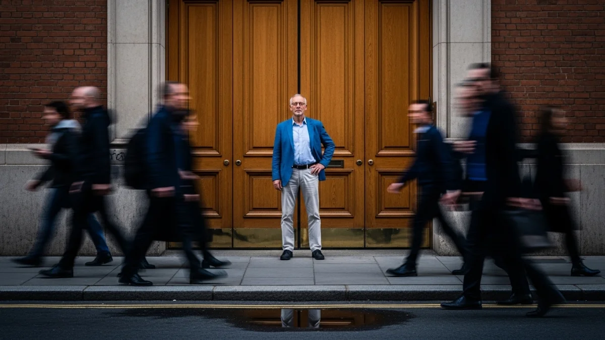 An older man sits alone on a bench looking at his smartphone while blurred pedestrians rush past, symbolizing a buyer engaging with AI amid a fast-moving marketplace.