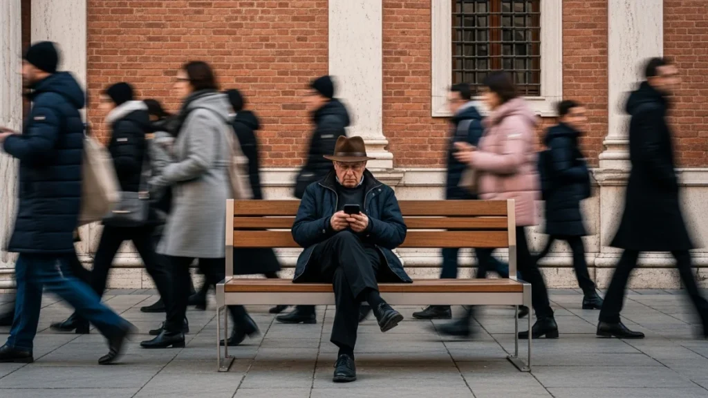 An older man sits alone on a bench looking at his smartphone while blurred pedestrians rush past, symbolizing a buyer engaging with AI amid a fast-moving marketplace.