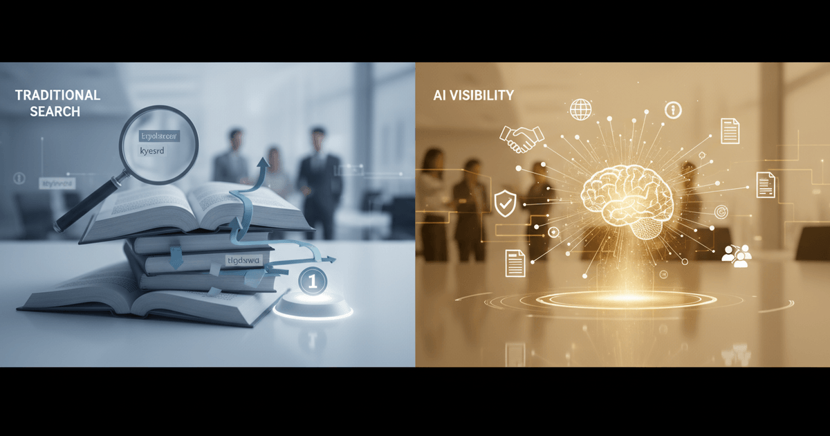 Abstract digital interface showing AI visibility for small business with data nodes and search elements interconnected